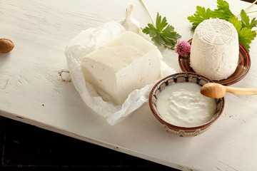 Diversity of Dairy products, cheese, yogurt, cottage cheese in traditional Bulgarian dishes on...