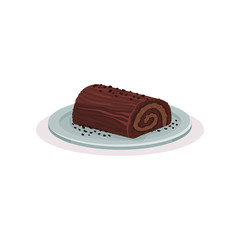Christmas chocolate roll cake, traditional festive dessert vector Illustration on a white background