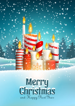 Christmas candles in snowy winter landscape, illustration