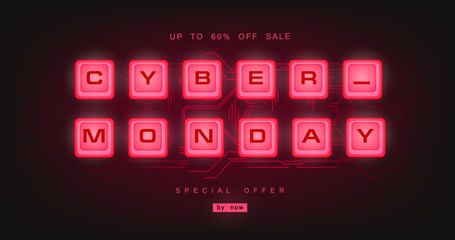 Cyber monday, mechanical panel letters. Typography, font. Digital author font, cyber font. Big sale, creative template.