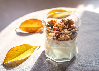 Ideas for healthy autumn breakfast. Greek yoghurt with granola, dried berries in glass and yellow leaves. Gray background with rustic style cloth. Top view copy space lifestyle blogging