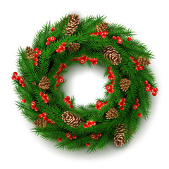 Fototapeta na wymiar Vector christmas wreath with berry, cone leaves