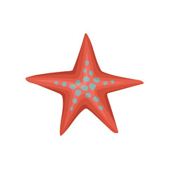 Bright red starfish or sea star with blue spots. Marine creature. Underwater life theme. Flat vector design