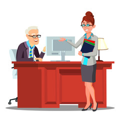 Interview, Candidate Introduces Herself To Staff Member With Curriculum Vitae Vector. Isolated Illustration