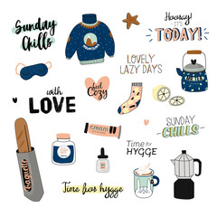 Cute vector illustration of autumn and winter hygge elements. Is
