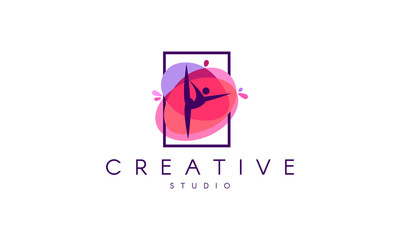Dance logo. Dance studio logo design.  Fitness class banner background with symbol of abstract stylized gymnast girl in dancing pose.