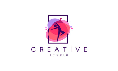 Dance logo. Dance studio logo design.  Fitness class banner background with symbol of abstract stylized gymnast girl in dancing pose. - 228495936