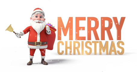 Bell Ringing Santa Clause With Merry Christmas Message And Gifts In A Snowing Day