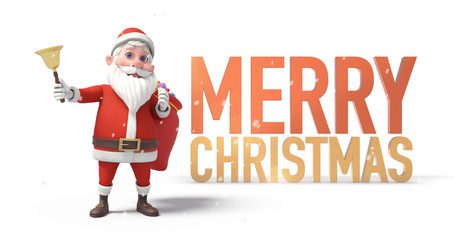 Bell Ringing Santa Clause With Merry Christmas Message And Gifts In A Snowing Day