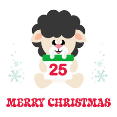 cartoon cute sheep black sitting with christmas calendar and text