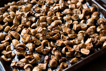 Cultivated and Baked Mushrooms in Oven Tray.