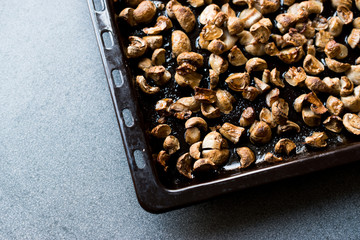 Cultivated and Baked Mushrooms in Oven Tray.