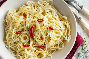 Spaghetti with garlic, olive oil and hot red pepper