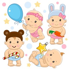 A set of illustrations of icons with a baby girl and boy, girl flies on a balloon in a rabbit costume holding a carrot, a boy in a bear mask with a coffee at Christmas, a boy holding a star.