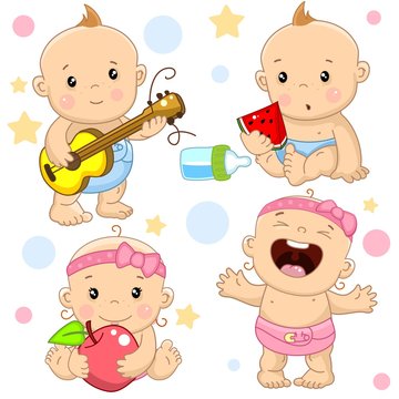A set of illustrations of icons with a baby girl and boy, the boy plays the guitar, eats a watermelon instead of milk from a bottle, the girl sits with an apple and sings.