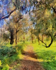 Fototapeta premium Hand drawing watercolor art on canvas. Artistic big print. Original modern painting. Acrylic dry brush background. Wonderful summer forest landscape. Beautiful view. Charming resort. 