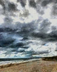 Hand drawing watercolor art on canvas. Artistic big print. Original modern painting. Acrylic dry brush background.  Wonderful sea beach landscape. Beautiful view. Charming resort.    