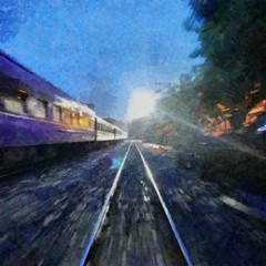 Hand drawing watercolor art on canvas. Artistic big print. Original modern painting. Acrylic dry brush background.  Wonderful landscape. Beautiful view. The train travels fast at vening time.
