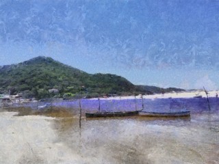 Hand drawing watercolor art on canvas. Artistic big print. Original modern painting. Acrylic dry brush background.  Wonderful landscape. Beautiful view. Mountain resort. Luxury paradise. Travel time