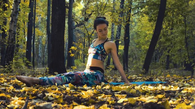 Young beautiful woman doing choreographic exercises in autumn forest. Sunny day, golden autumn