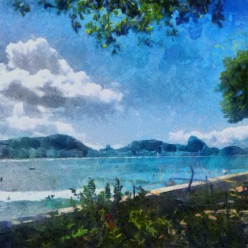 Hand drawing watercolor art on canvas. Artistic big print. Original modern painting. Acrylic dry brush background.  Wonderful landscape. Beautiful view. Charming resort. Luxury paradise. Travel time