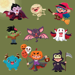 Fototapeta premium Projekt plakatu w stylu Vintage Halloween z wampirem, mumią, czarownicą, zombie, nietoperzem, duchem, demonem, latarnią Jack O Lantern, żniwiarzem, postacią potwora.