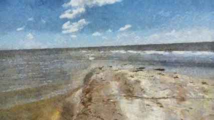 Hand drawing watercolor art on canvas. Artistic big print. Original modern painting. Acrylic dry brush background.  Wonderful sea beach landscape. Beautiful view. Charming resort.    