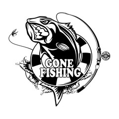 Fishing logo. Bass fish with rod club emblem. Fishing theme vector illustration. Isolated on white.