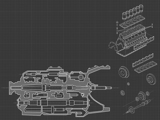 Technical blue background with drawings of details and mechanisms.Engine line drawing background. Vector illustration