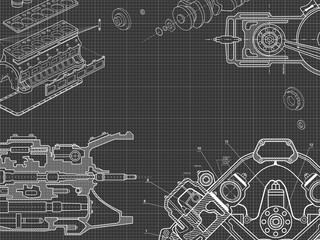 Technical blue background with drawings of details and mechanisms.Engine line drawing background. Vector illustration