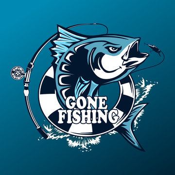 Angry tuna fish logo. Tuna fishing emblem. Big eye tuna. Angry fishing club logotype.