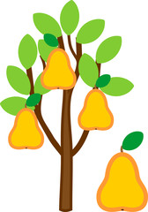 Cartoon pear tree with ripe yellow pears and green leaves isolated on white background