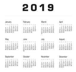 Black white calendar template 2019 for your design. Start on sunday