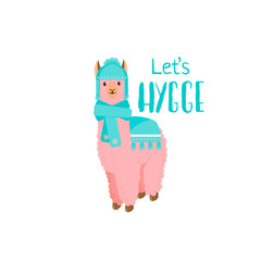 Cute llama or alpaca flat characters set for nursery design, poster, banner, logo, icon, greeting card, sticker. Baby llama or little alpaca for wool producer. Cartoon wild animal in scarf and pompons