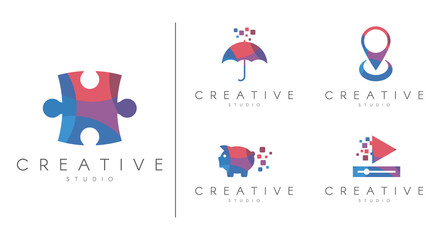 Multicolored Logotype set. Brand identity collection for music, education , animals,  technology, social media , vector template.