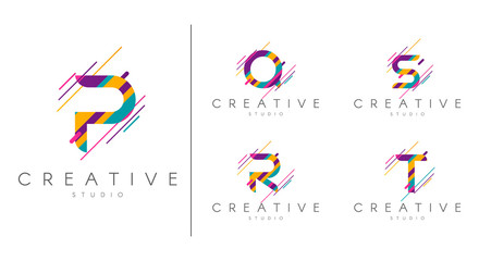 Letter logo set. Letter design for company name - P, Q, R, S, T.  Abstract letters design, made of various geometric shapes in color.  - 228504156