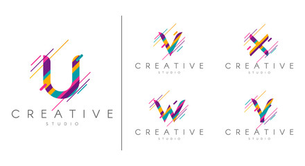 Letter logo set. Letter design for company name - U, V, W, X, Y.  Abstract letters design, made of various geometric shapes in color.  - 228504167