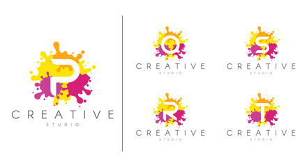 Obraz premium Letter logo set. Letter design for company name - P, Q, R, S, T. Set of letter at colorful paint splash background.