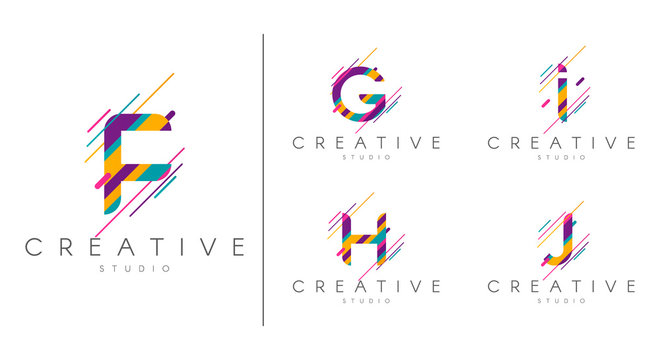 Letter logo set. Letter design for company name - F, G,H ,I, J.  Abstract letters design, made of various geometric shapes in color. 