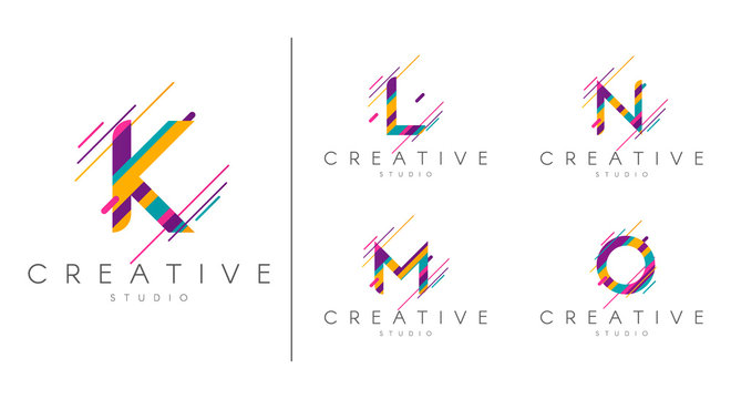Letter logo set. Letter design for company name - K, L,M , N, O.  Abstract letters design, made of various geometric shapes in color. 