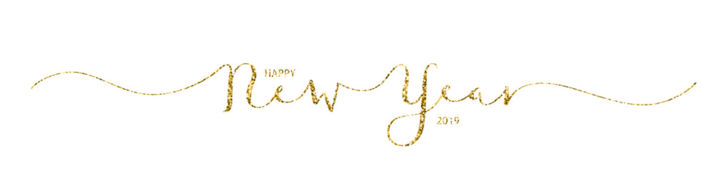 HAPPY NEW YEAR 2019 vector gold glitter hand lettering banner