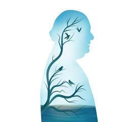 Senile dementia. Alzheimer concept. Silhouette of senior profile with blue sky - tree branches and birds