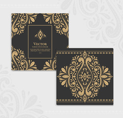 Gold vintage greeting card on a black background. Luxury vector ornament template. Mandala. Great for invitation, flyer, menu, brochure, postcard, wallpaper, decoration, or any desired idea.