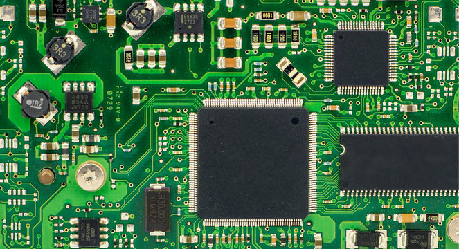 Green printed circuit board with computer components