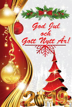 Swedish Merry Christmas and Happy New Year greeting card, designed for the New Year 2019 celebration.