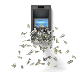 3d rendering of a wall bank ATM machine with green banknotes flying out of it.