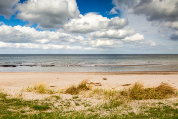 Fototapeta na wymiar Wonderful pure sand, dunes and clean Baltic Sea water invite you to go hiking by the sea.