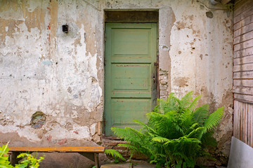 Fototapeta na wymiar Green wooden door, dirty grunge stucco wall background.