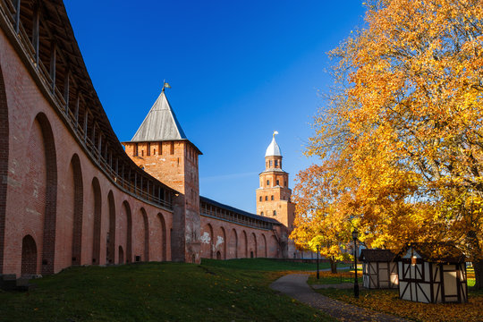 Autumn picturesque Kremlin park and the Kremlin towers in Novgorod the Great (Veliky Novgorod), Russia