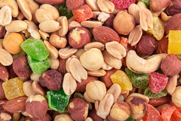 Background of various nuts and candied fruits close up